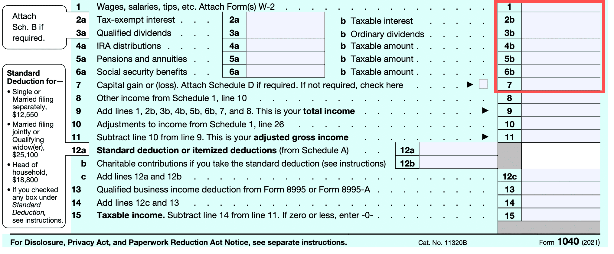 Image of Form 1040 with instructions for reporting income, deductions, and calculating taxes. Includes standard deduction amounts for different filing statuses.