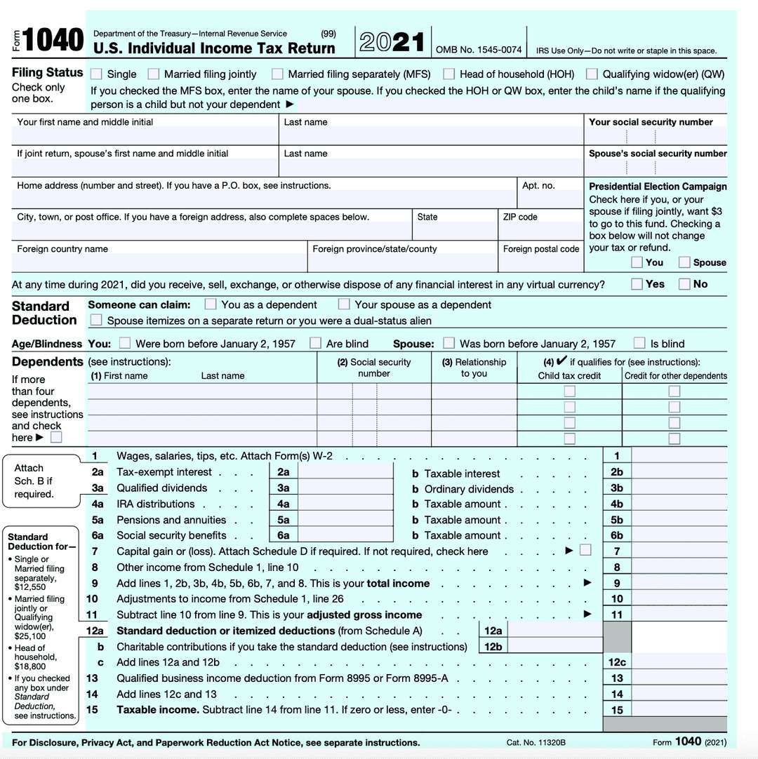 Image of IRS Form 1040 for U.S. Individual Income Tax Return 2021. Includes filing status, personal information, income, deductions, and credits.