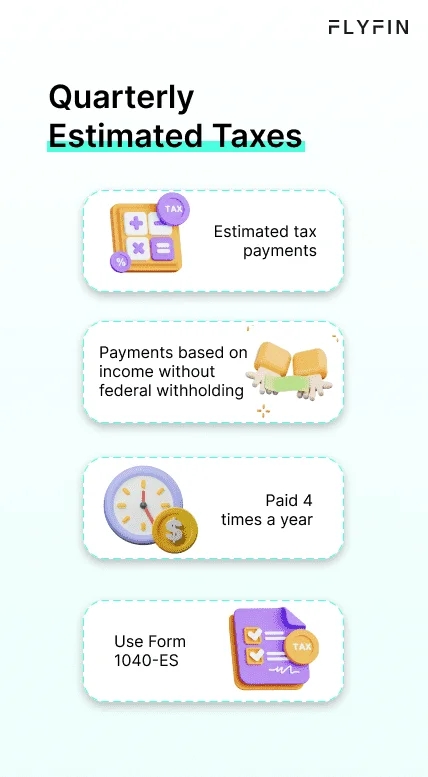 Flyfin's Quarterly Estimated Taxes image with text explaining estimated tax payments based on income without federal withholding. Paid 4 times a year. Use Form 1040-ES. #taxes #selfemployed #freelancer #1099