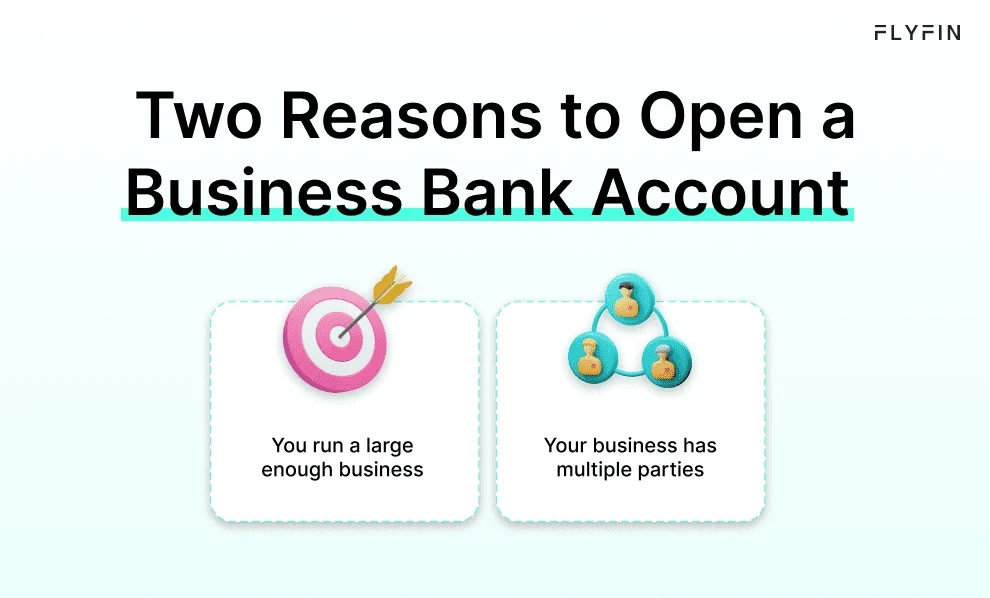 Alt text: Image with text "Two Reasons to Open a Business Bank Account: You run a large enough business and Your business has multiple parties" promoting the benefits of having a business bank account. No mention of self employed, 1099, freelancer or taxes.