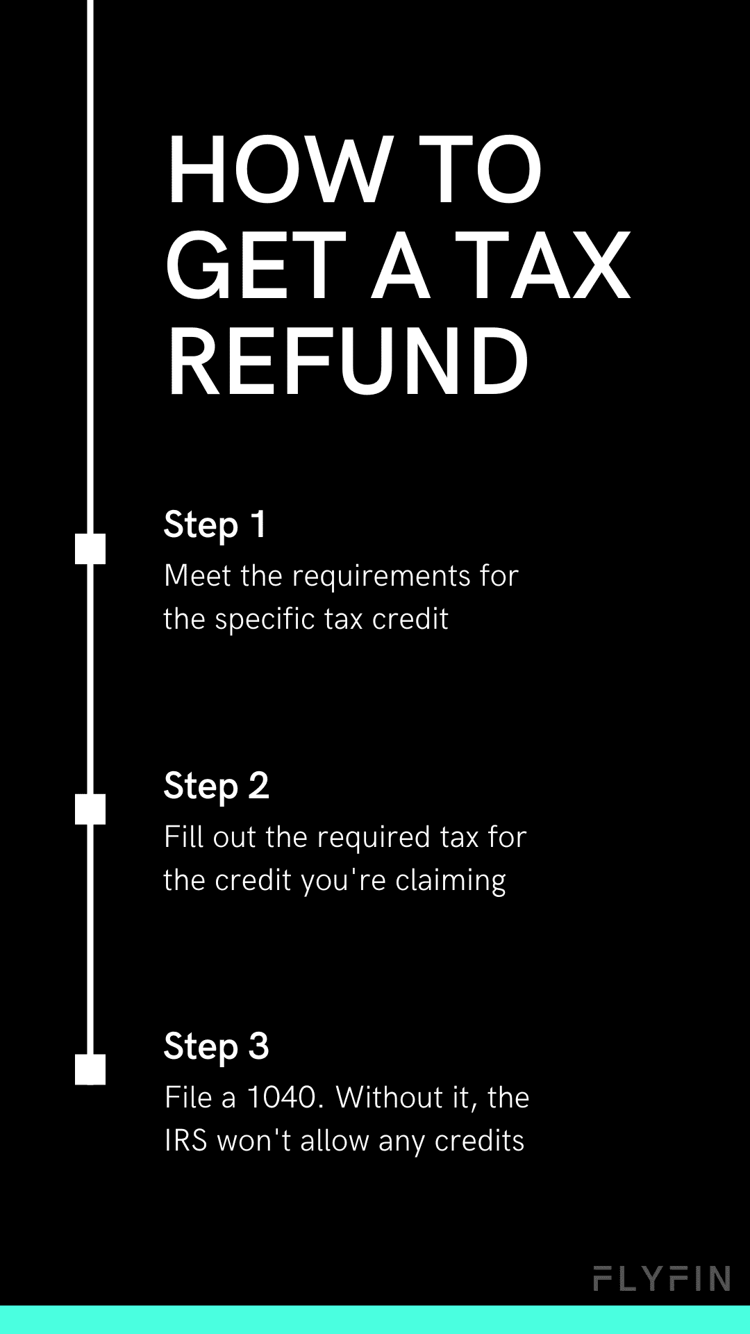 Image with text explaining how to get a tax refund by meeting requirements, filling out required tax form, and filing a 1040 with the IRS. No mention of self-employment, 1099, freelancer or taxes.