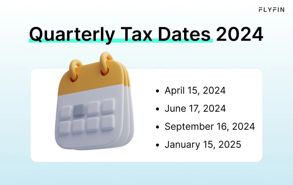 This infographic shows the quarterly tax deadlines for 2024: April 15 for Q1, June 17 for Q2, September 16 for Q3, and January 15, 2025, for Q4.