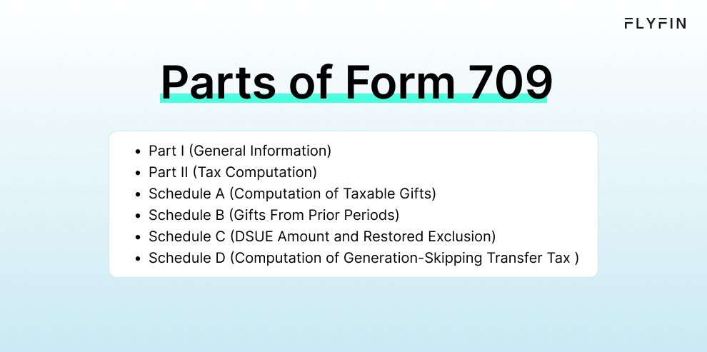 Infographic entitled Parts of Form 709 showing the components of Form 709 instructions.