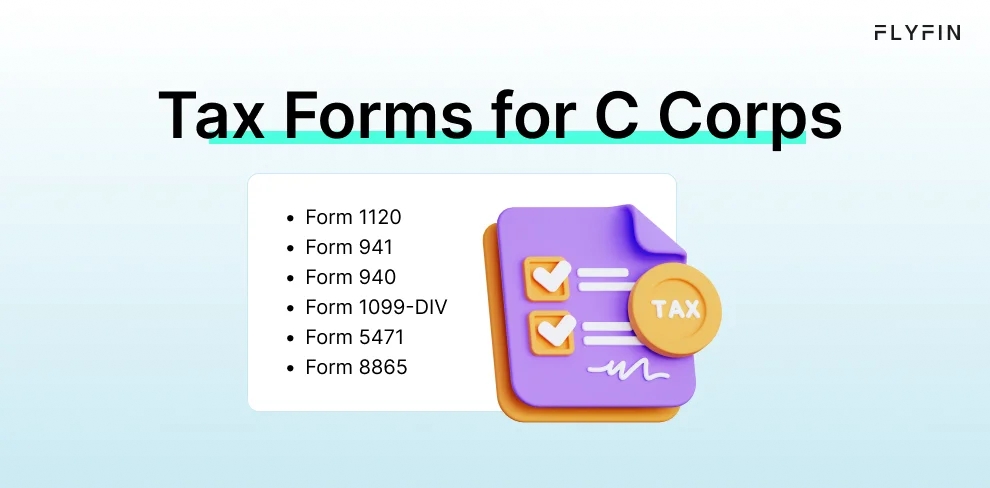 Infographic entitled Tax Forms for C Corps showing important forms for corporations.