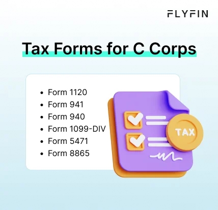 Infographic entitled Tax Forms for C Corps showing important forms for corporations.