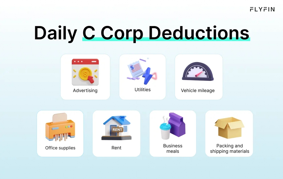 Infographic entitled Daily C Corp Deductions listing some c corp tax deductions.