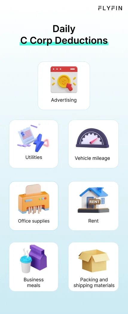 Infographic entitled Daily C Corp Deductions listing some c corp tax deductions.