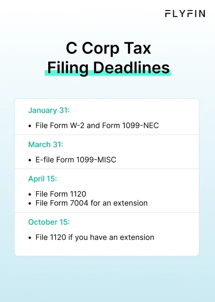  Infographic entitled C Corp Tax Filing Deadlines showing important due dates for C Corps.