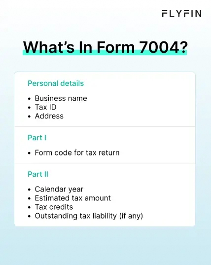 Infographic entitled What’s In Form 7004 breaking down information in the main form for the S Corp tax extension deadline for 2024.