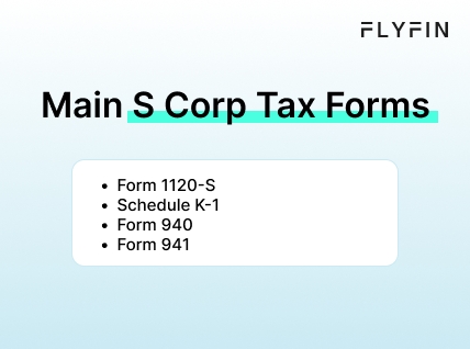 Infographic entitled Main S Corp Tax Forms listing what you need to file by the S corp tax extension deadline for 2024.