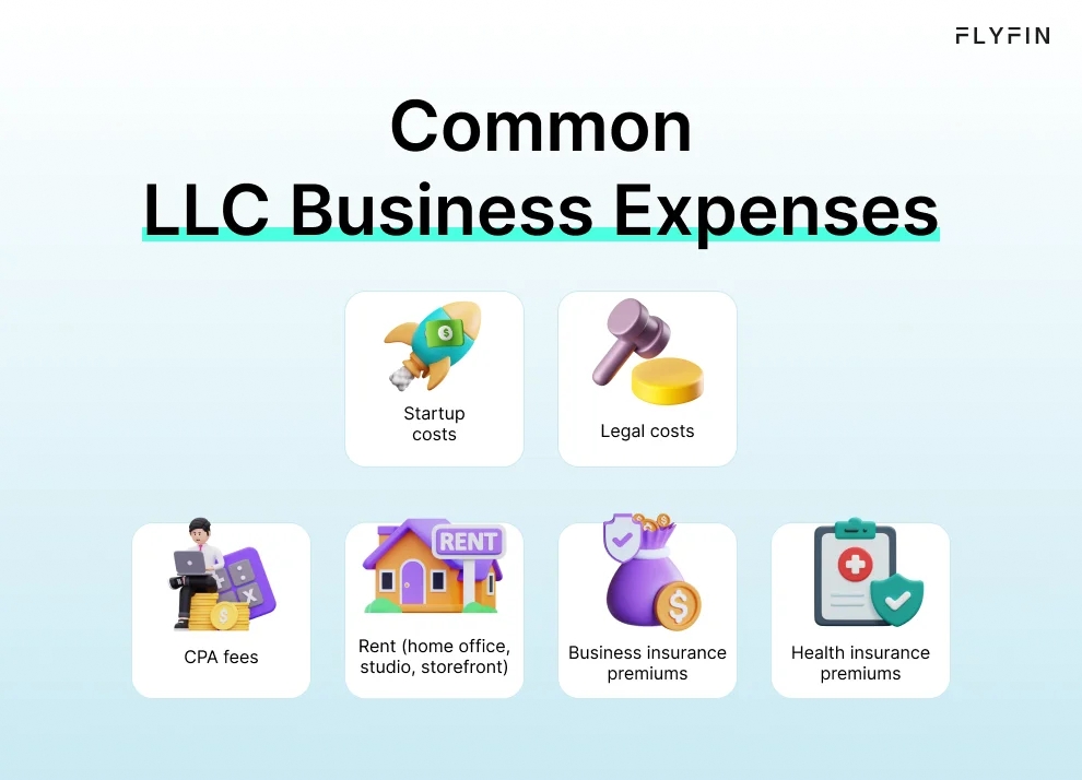 Infographic entitled Common LLC Business Expenses showing deductions that can lower LLC taxes. 