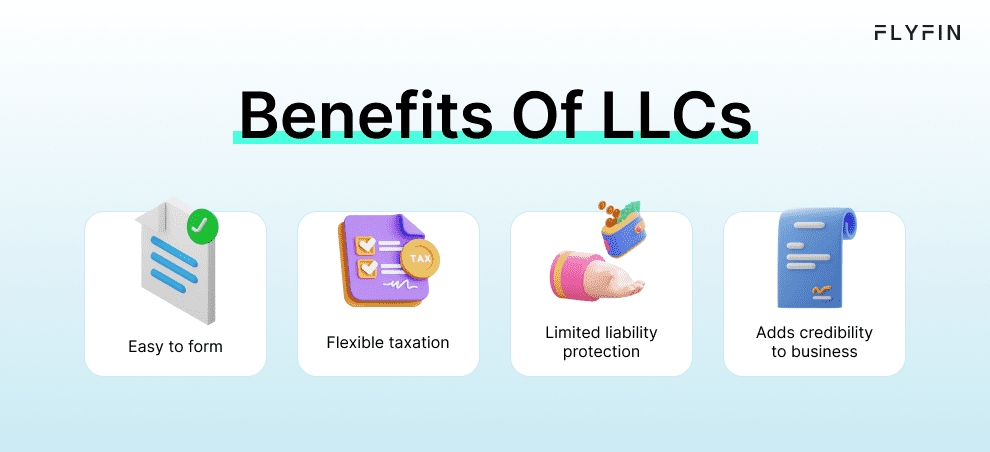 Infographic entitled Benefits of LLCs naming a few tax benefits of LLC.