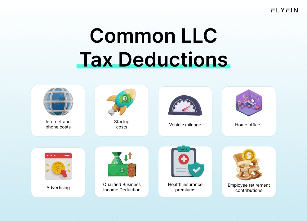 Infographic entitled Common LLC Tax Deductions listing some expenses  that can  be written off when filing LLC taxes.