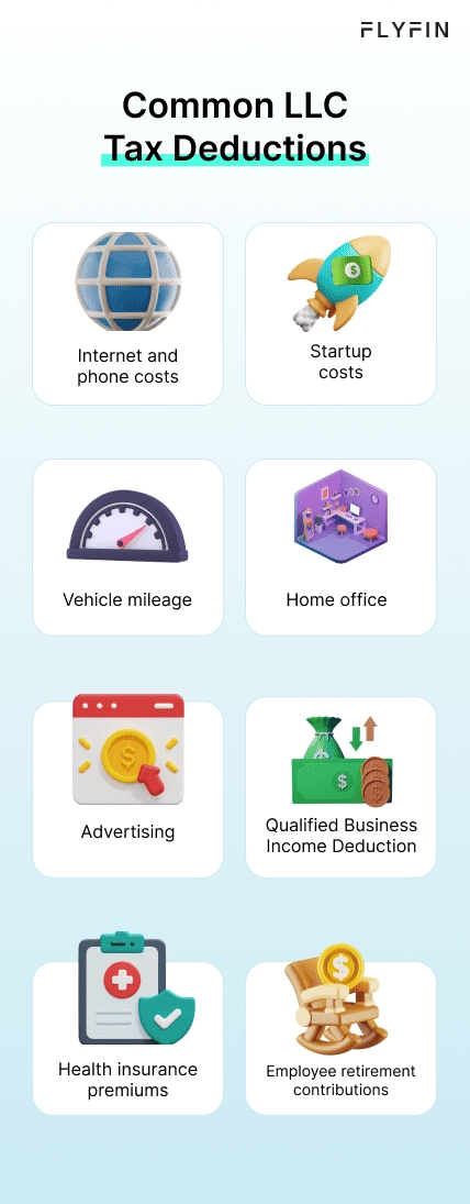 Infographic entitled Common LLC Tax Deductions listing some expenses  that can  be written off when filing LLC taxes.
