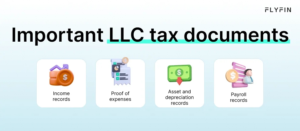 Infographic entitled Important LLC tax documents listing business records for filing LLC taxes. 