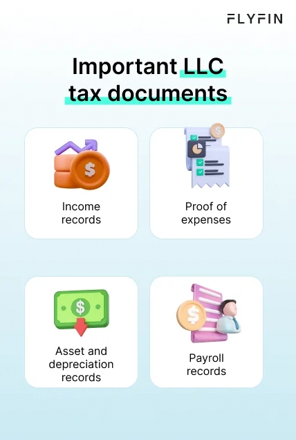 Infographic entitled Important LLC tax documents listing business records for filing LLC taxes. 