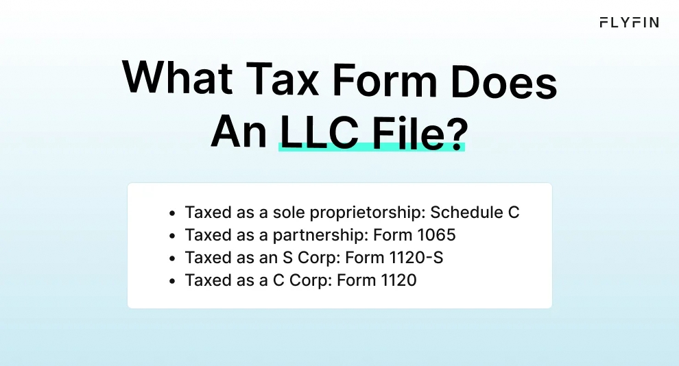 Infographic entitled What Tax Form Does An LLC File showing the different tax forms used for LLC taxes. 