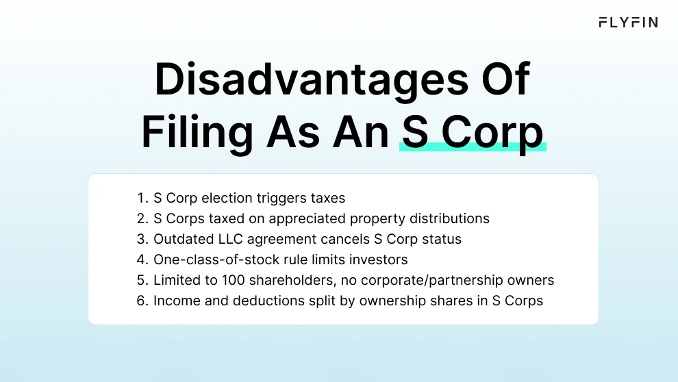 Infographic entitled Disadvantages Of Filing As An S Corp listing cons for LLCs taxed as S Corps.