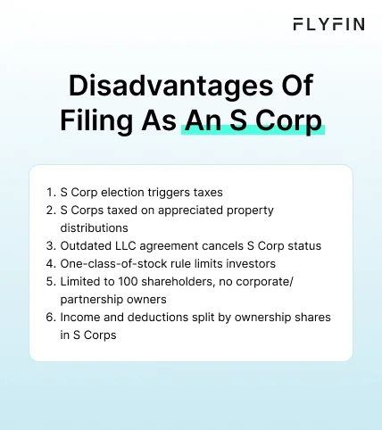 Infographic entitled Disadvantages Of Filing As An S Corp listing cons for LLCs taxed as S Corps.