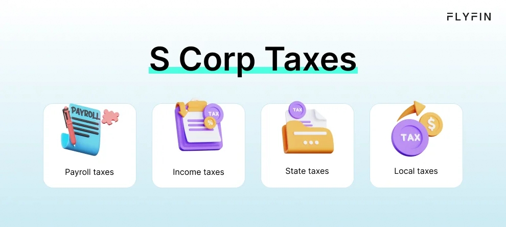 Infographic entitled S Corp Taxes listing taxes that S Corp owners have to pay.