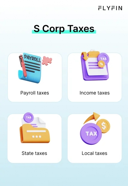 Infographic entitled S Corp Taxes listing taxes that S Corp owners have to pay.