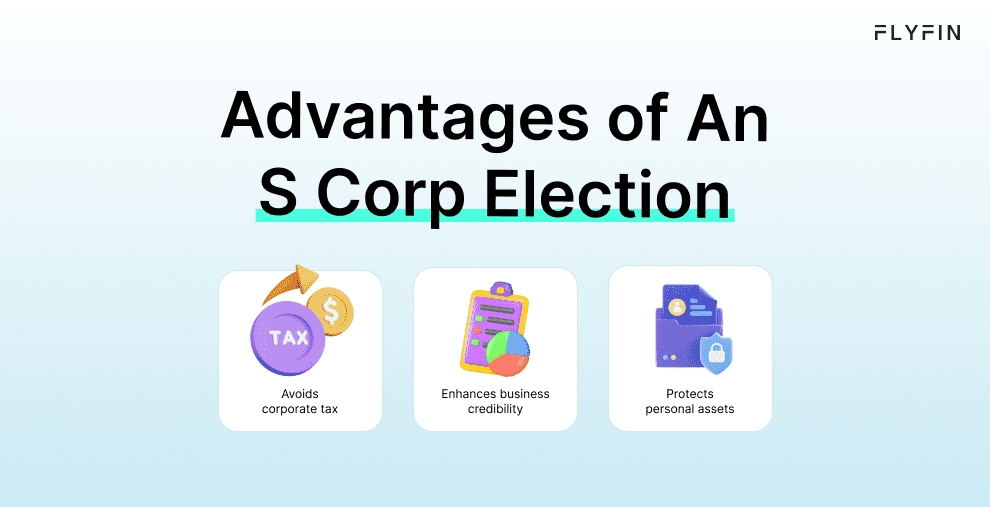 Infographic entitled Advantages of An S Corp Election describing benefits for businesses who elect to be treated as an S Corp.