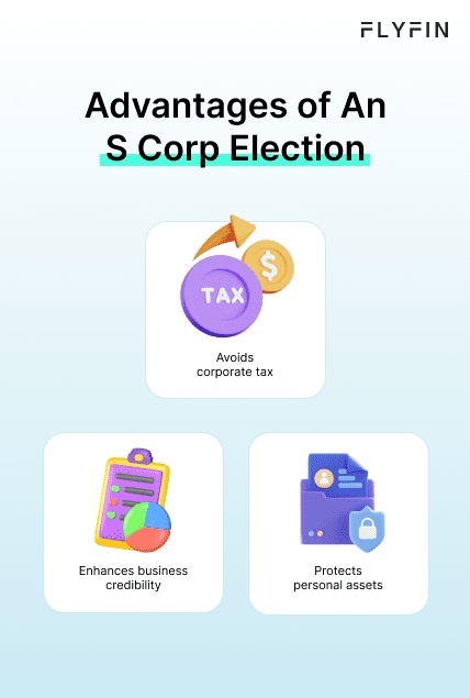 Infographic entitled Advantages of An S Corp Election describing benefits for businesses who elect to be treated as an S Corp.