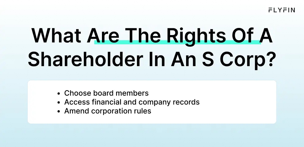 Infographic entitled What Are The Rights Of A Shareholder In An S Corp showing three rights that shareholders have in an S Corp.