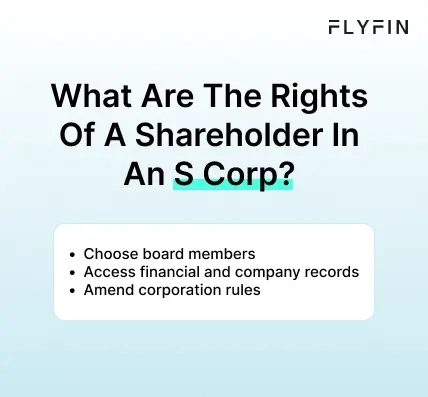 Infographic entitled What Are The Rights Of A Shareholder In An S Corp showing three rights that shareholders have in an S Corp.