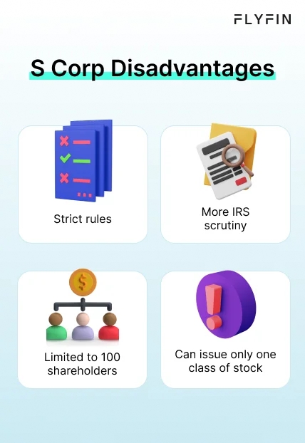 Infographic entitled S Corp Disadvantages listing some drawbacks of S Corporations. 