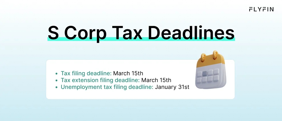 Infographic entitled S Corp Tax Deadlines showing the deadline to file S Corp taxes for 2024. 