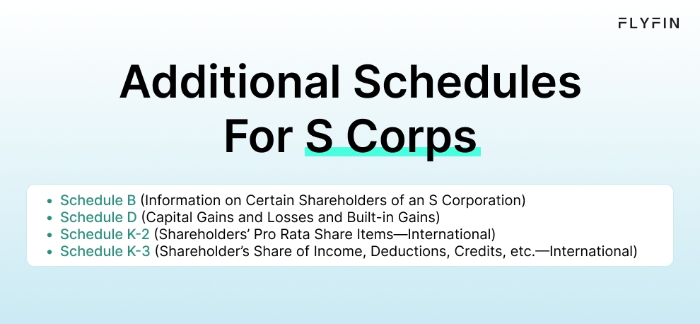 Infographic entitled Additional Schedules For S Corps listing tax forms that accompany Form 1120-S apart from Schedule K-1.