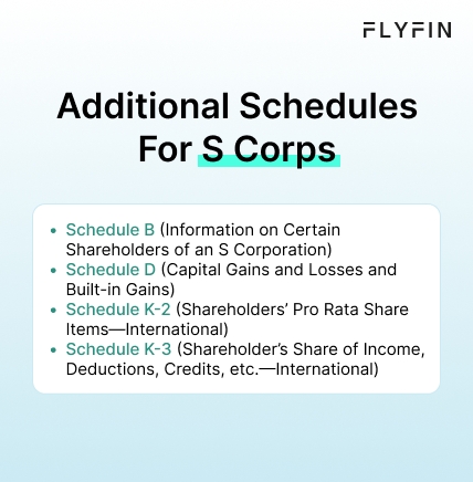 Infographic entitled Additional Schedules For S Corps listing tax forms that accompany Form 1120-S apart from Schedule K-1.