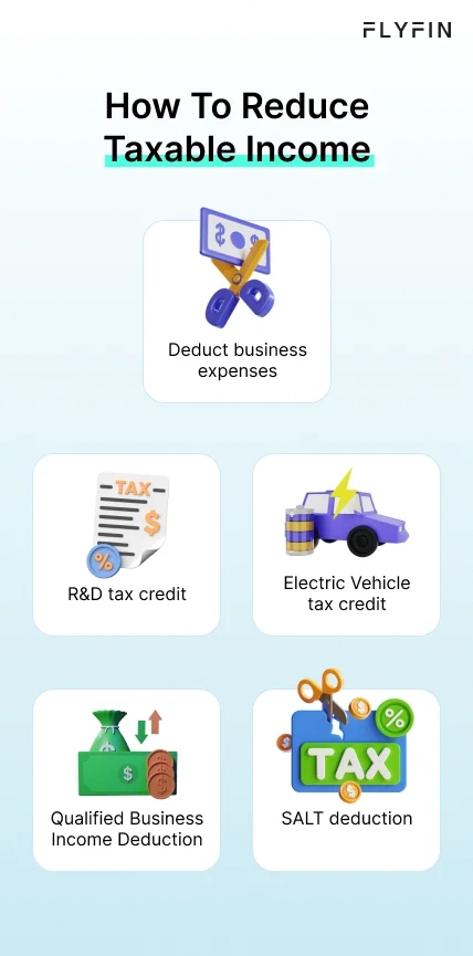 Infographic entitled How To Reduce Taxable Income listing five ways to lower S Corp taxes. 