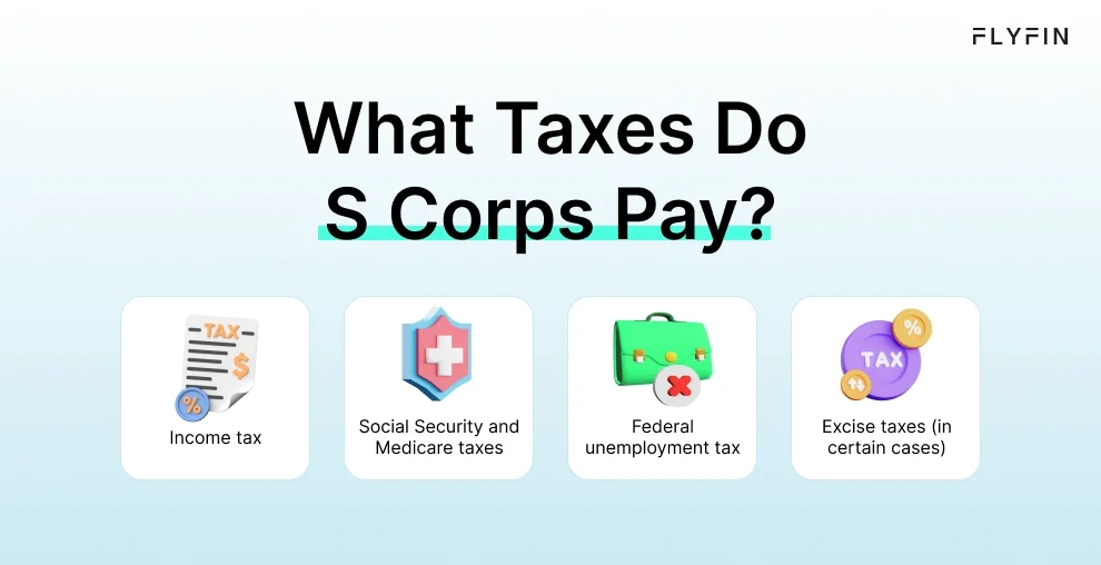 Infographic entitled What Taxes Do S Corps Pay listing types of taxes for S Corps. 