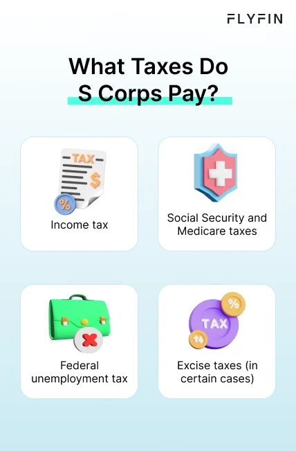 Infographic entitled What Taxes Do S Corps Pay listing types of taxes for S Corps. 