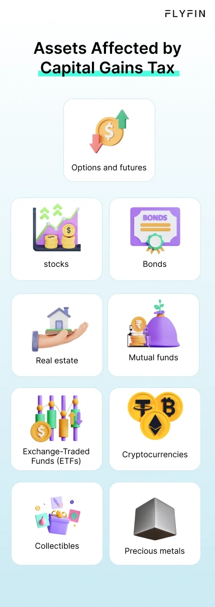 Infographic entitled Assets Affected by Capital Gains Tax when asking what is capital gains tax. 