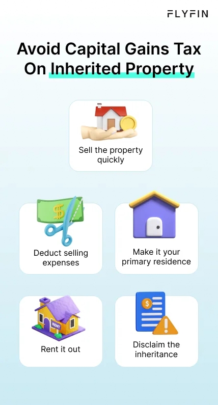 Infographic entitled Avoid Capital Gains Tax On Inherited Property listing five ways to do it. 