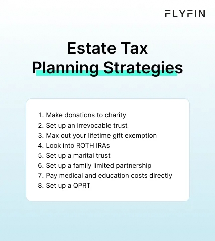 Infographic entitled Estate Tax Planning Strategies listing eight ways to avoid estate taxes. 