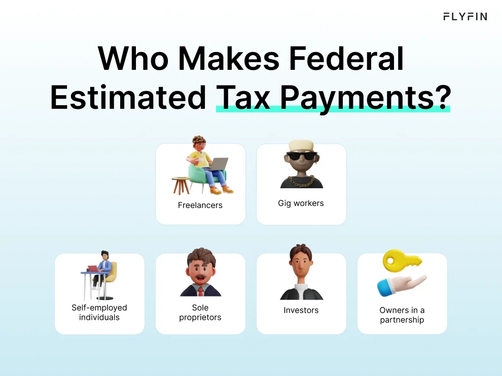 Infographic entitled Who Makes Federal Estimated Tax Payments showing every taxpayer who pays quarterly taxes. 