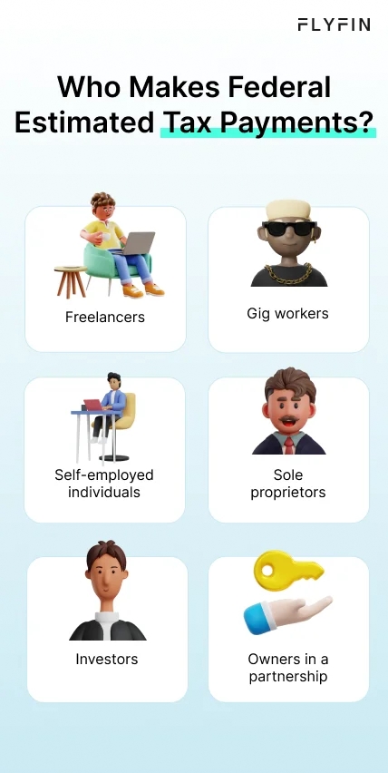 Infographic entitled Who Makes Federal Estimated Tax Payments showing every taxpayer who pays quarterly taxes. 