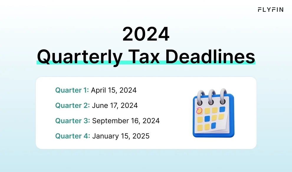 Infographic entitled Quarterly Tax Deadlines for 2024 depicting the schedule for quarterly tax payments with an estimated taxes calculator.