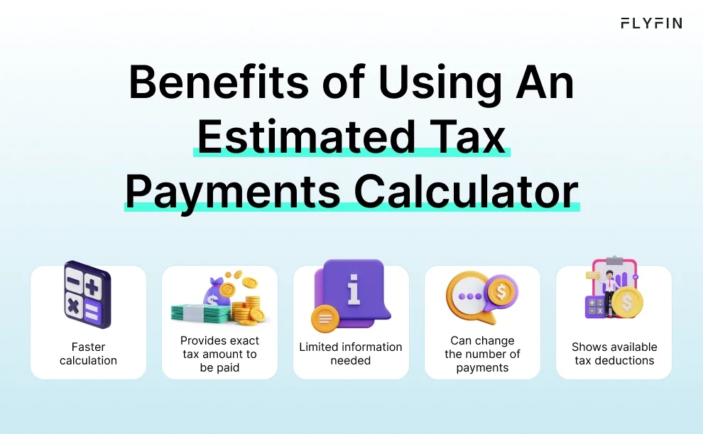 Infographic entitled The Advantages of an Estimated Tax Payments Calculator outlining five reasons to utilize an estimated taxes calculator.