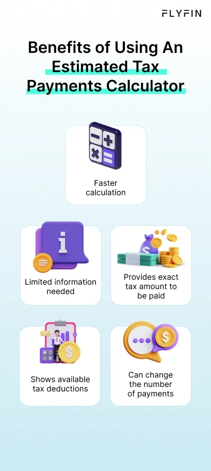 Infographic entitled Benefits of Using An Estimated Tax Payments Calculator listing five reasons to use an estimated taxes calculator.