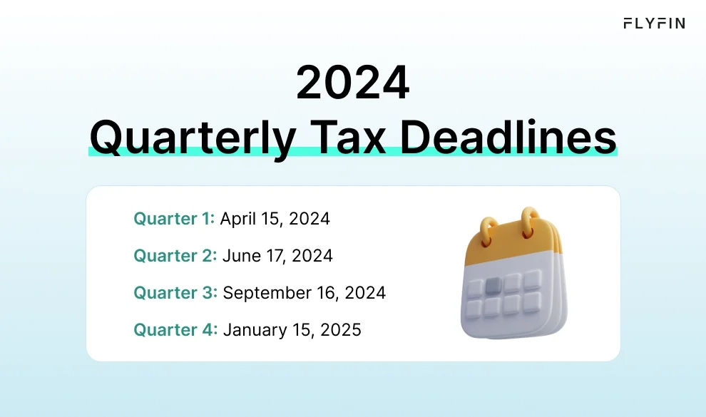 Infographic entitled 2024 Quarterly Tax Deadlines showing the dates for making quarterly tax payments using an estimated taxes calculator.