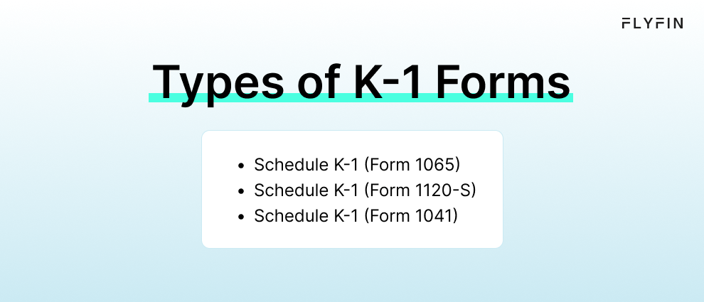 Infographic entitled Types of K-1 Forms listing three types of tax forms.