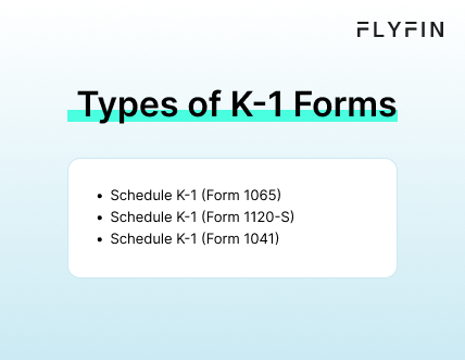 Infographic entitled Types of K-1 Forms listing three types of tax forms.