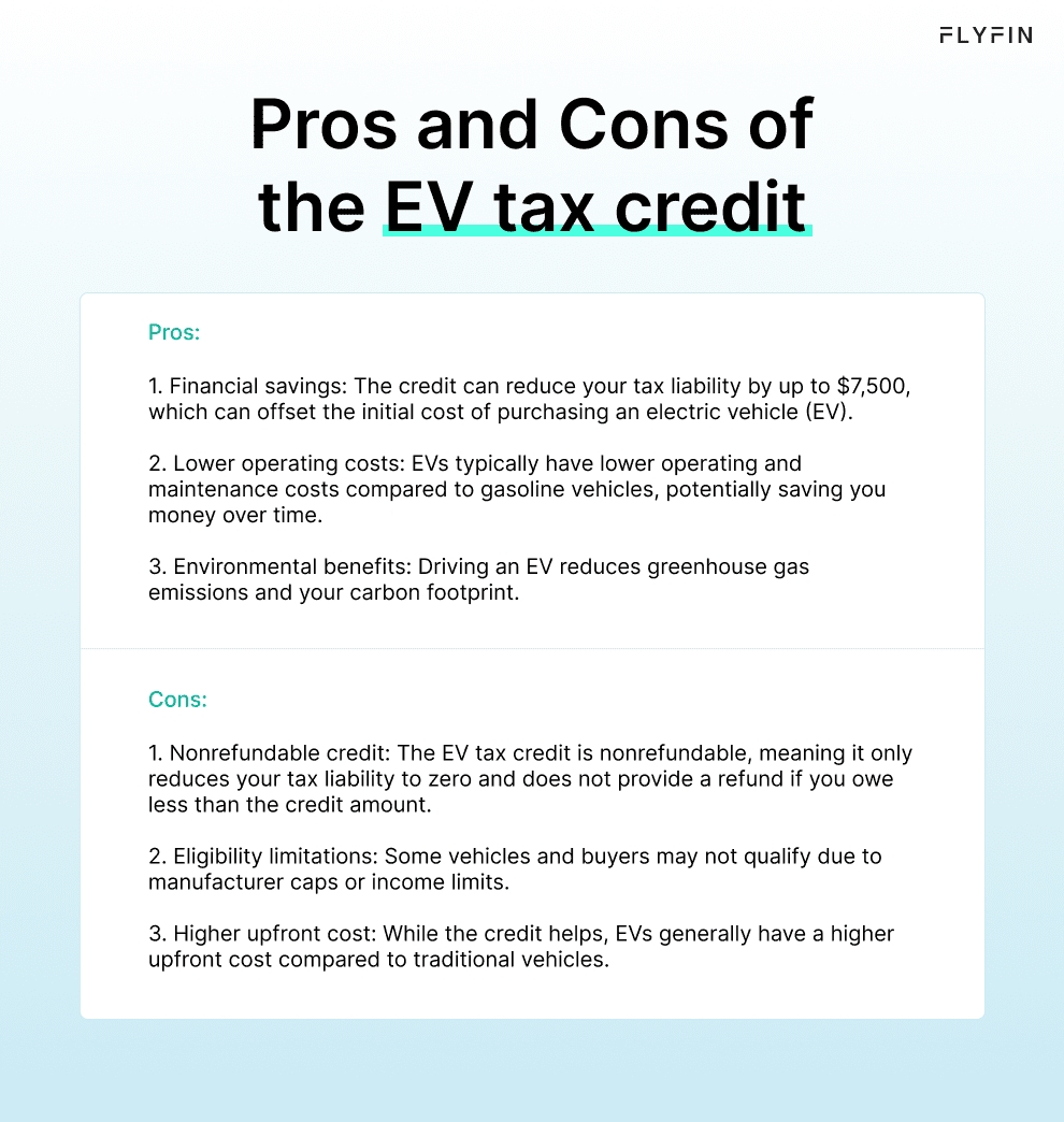 Infographic entitled List of benefits and disadvantages of the EV tax credit