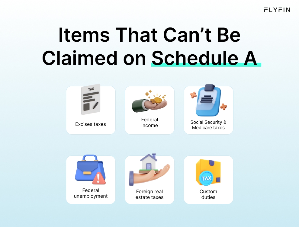 Infographic entitled Items that Can’t Be Claimed on Schedule A listing the items not included on Schedule A for self-employment taxes.