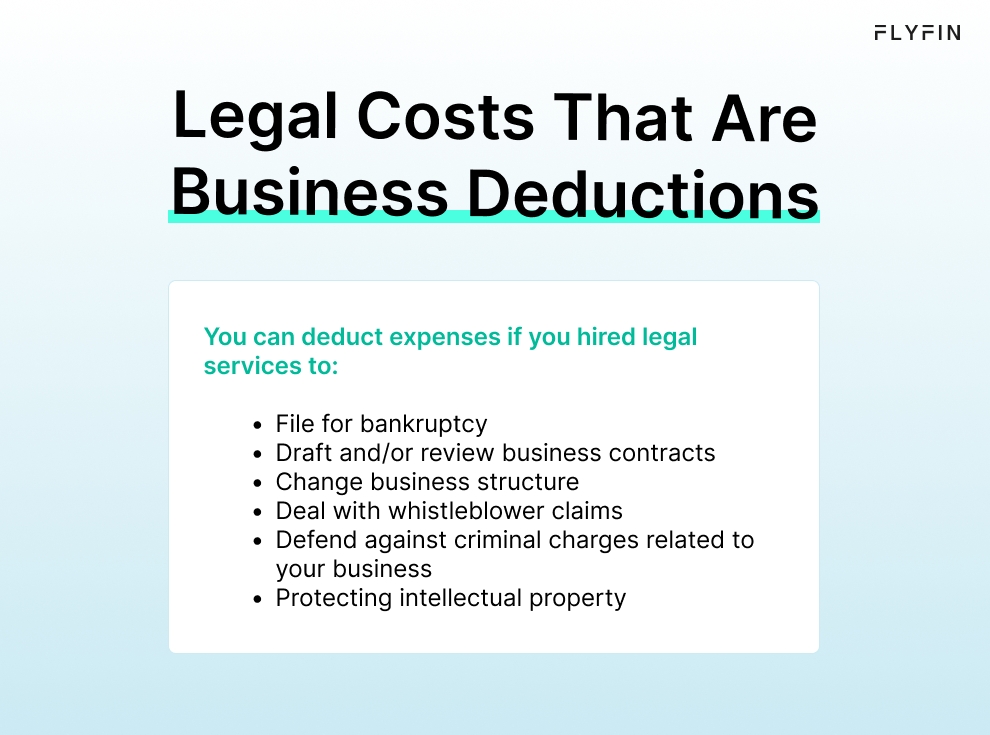 Infographic entitled Legal Costs That Are Business Deductions listing expenses that are tax deductible apart from attorney’s fees.